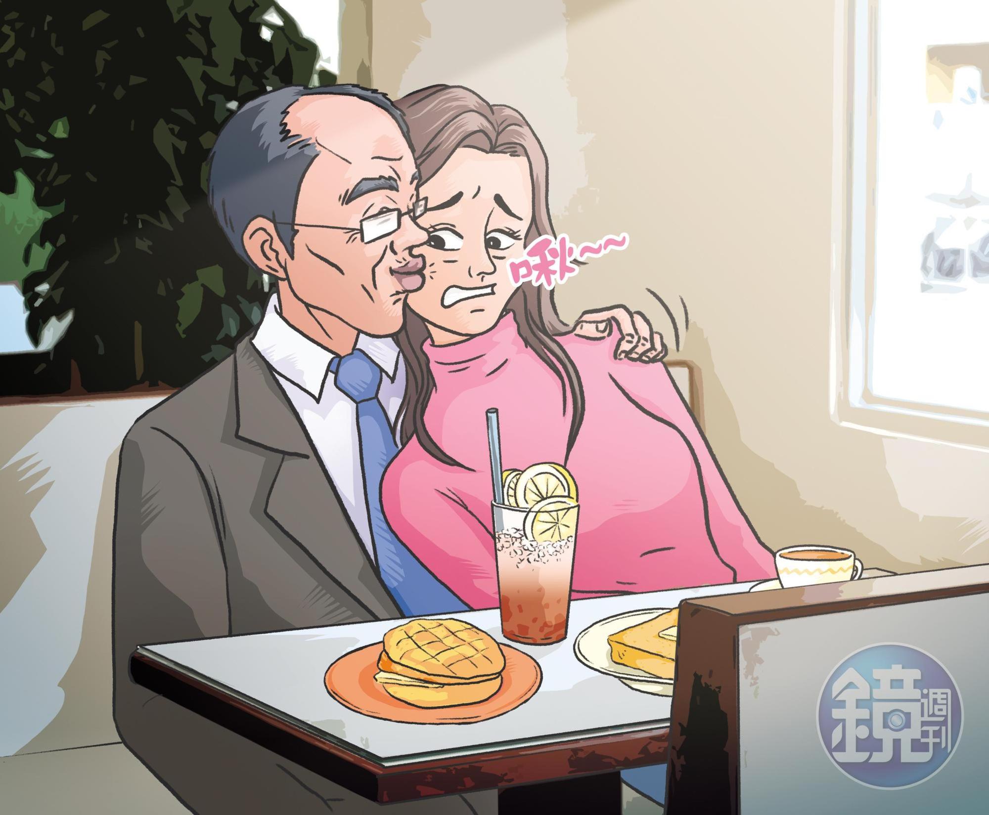 老長工鄭世曜當天帶著正妹黨工到西門町一間港式飲茶餐廳用餐時,乘機出手摟肩、親吻臉頰。結果正妹後來與他電話對質,他竟大言不慚地說是把她當女兒才又摸又親,詭辯令人咋舌。