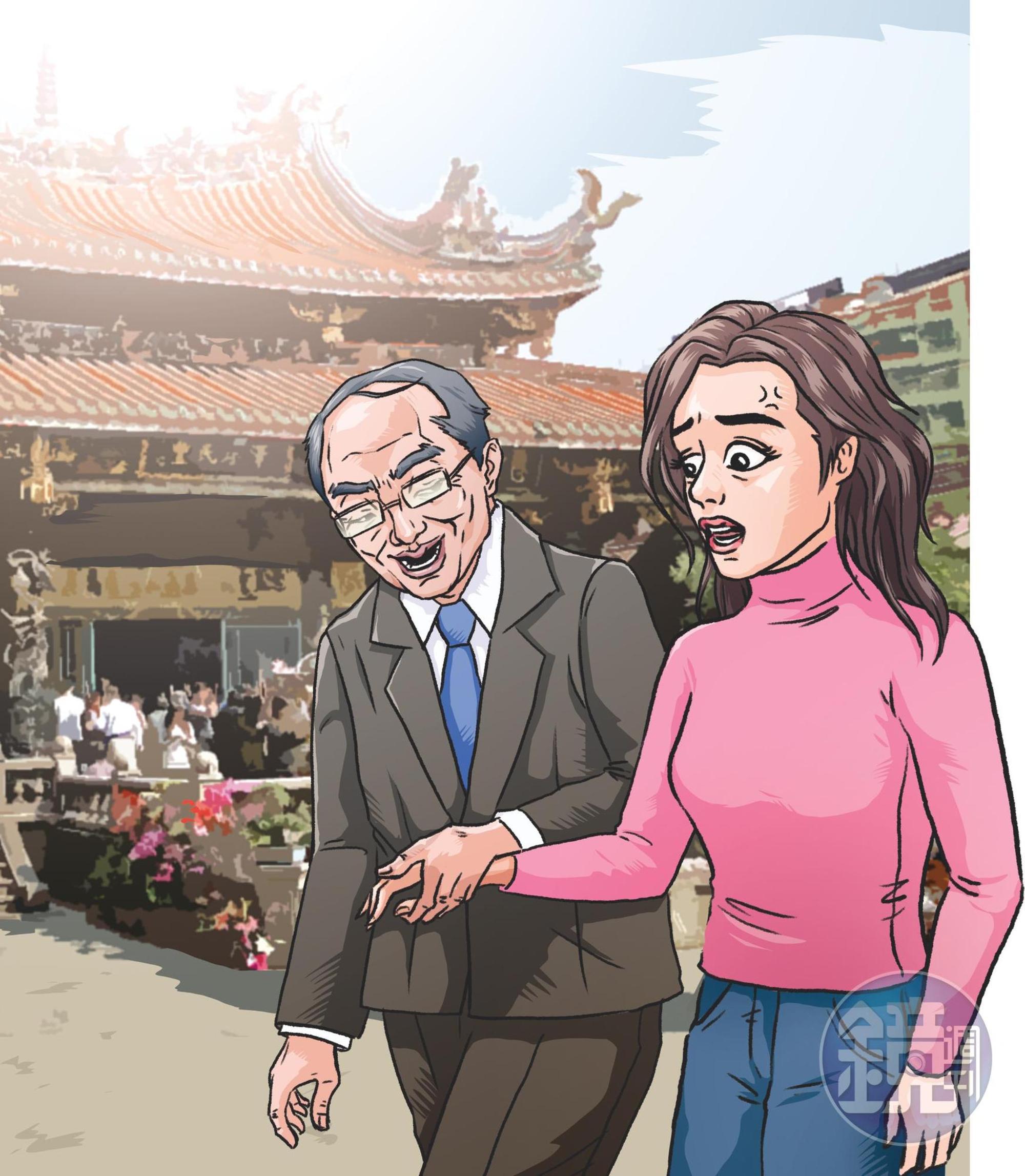 去年2月23日鄭世曜以正妹黨工犯太歲為由,開車載她到台北市龍山寺安太歲,當時就曾試圖牽女方的手,卻遭甩開。