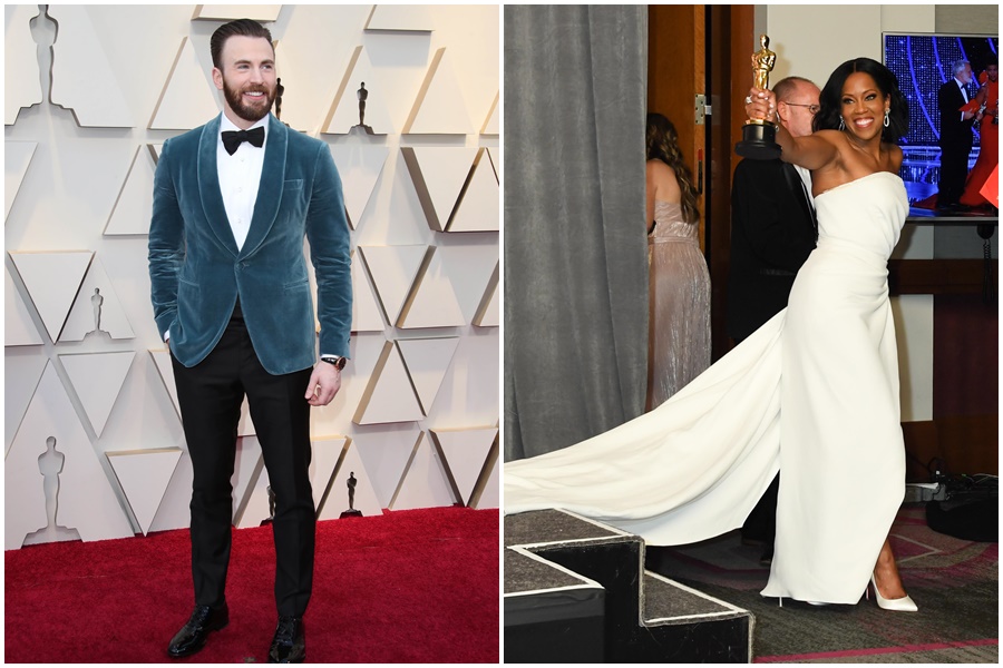 蕾吉娜金恩（右）的晚禮服看似不長，但移動時卻拖到非常長，難怪美國隊長克里斯伊凡（左）要護駕。（東方IC）