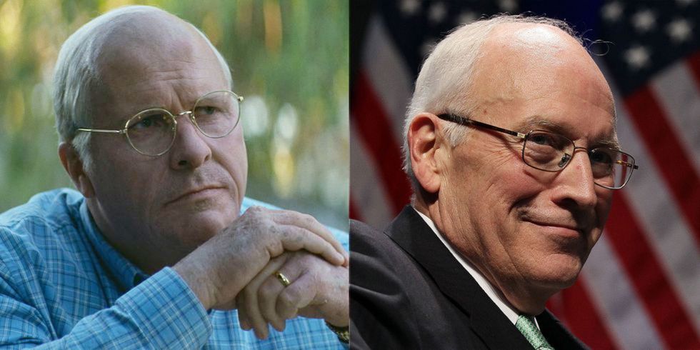 克里斯汀貝爾增胖20公斤演出與本尊外型毫不相似的美國前副總統錢尼，可惜與小金人擦肩而過。（車庫娛樂提供）