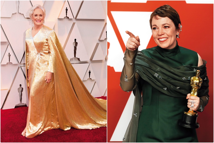 來自英國的喜劇女星奧莉薇亞柯爾曼（右）大爆冷，逆轉勝了呼聲最高的葛倫克蘿絲，拿下第91屆奧斯卡影后。（東方IC）