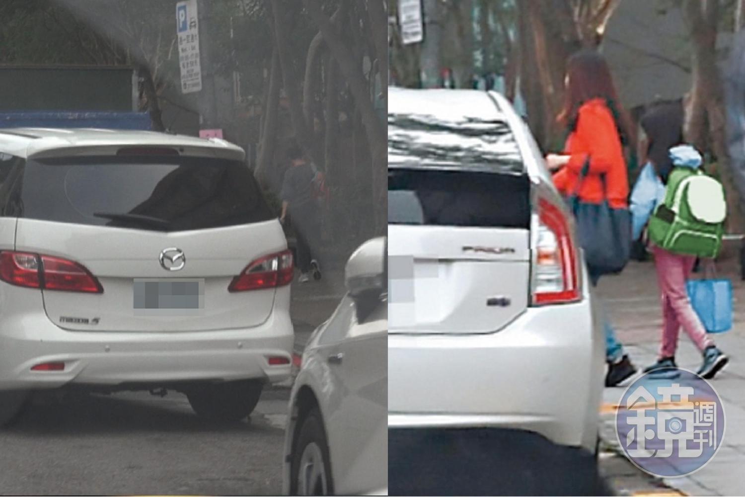 林女帶著女兒坐上黃男白色馬自達座車，將女兒送至國小上學。