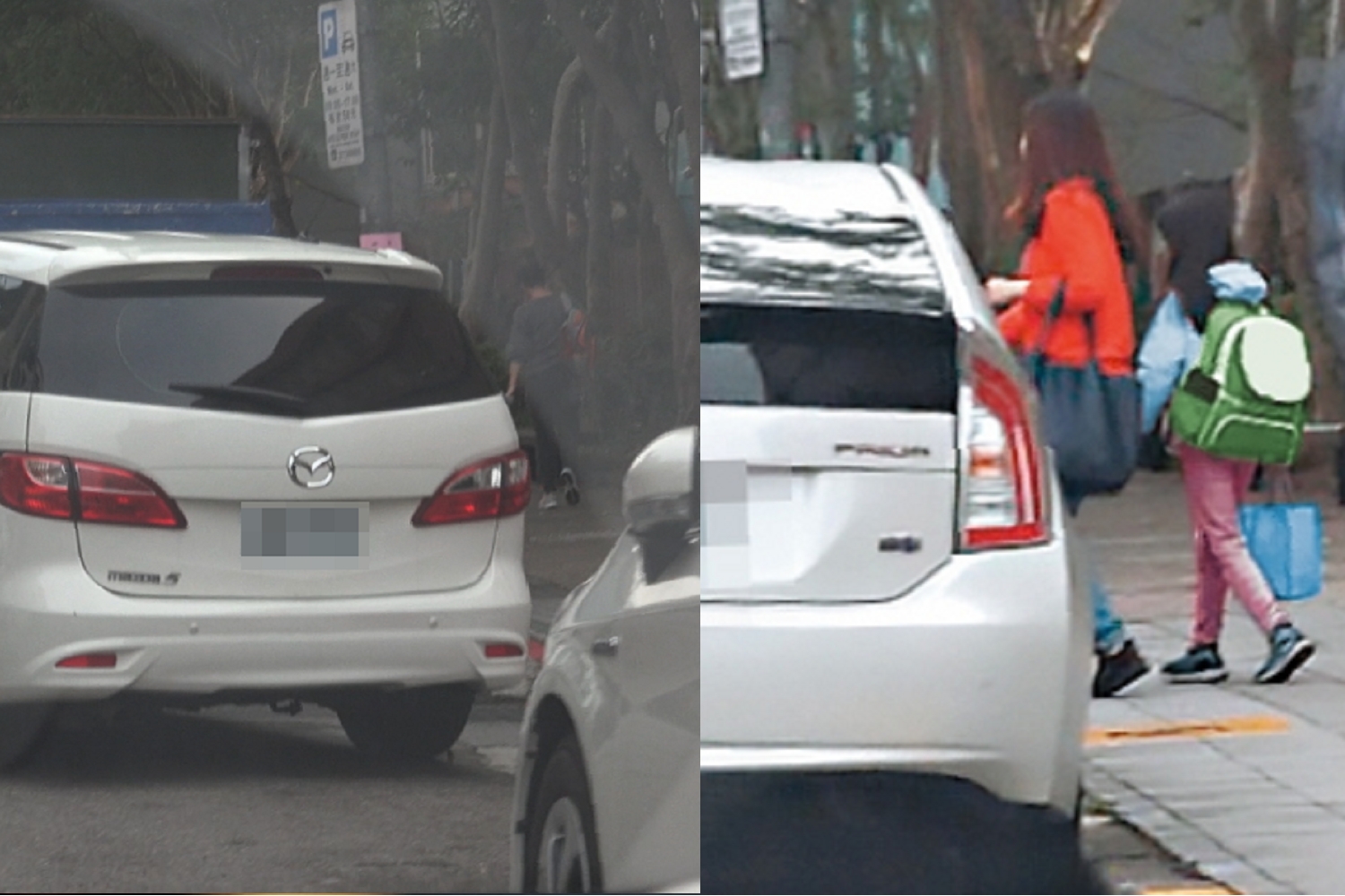 林女帶著女兒坐上黃男白色馬自達座車,將女兒送至國小上學。