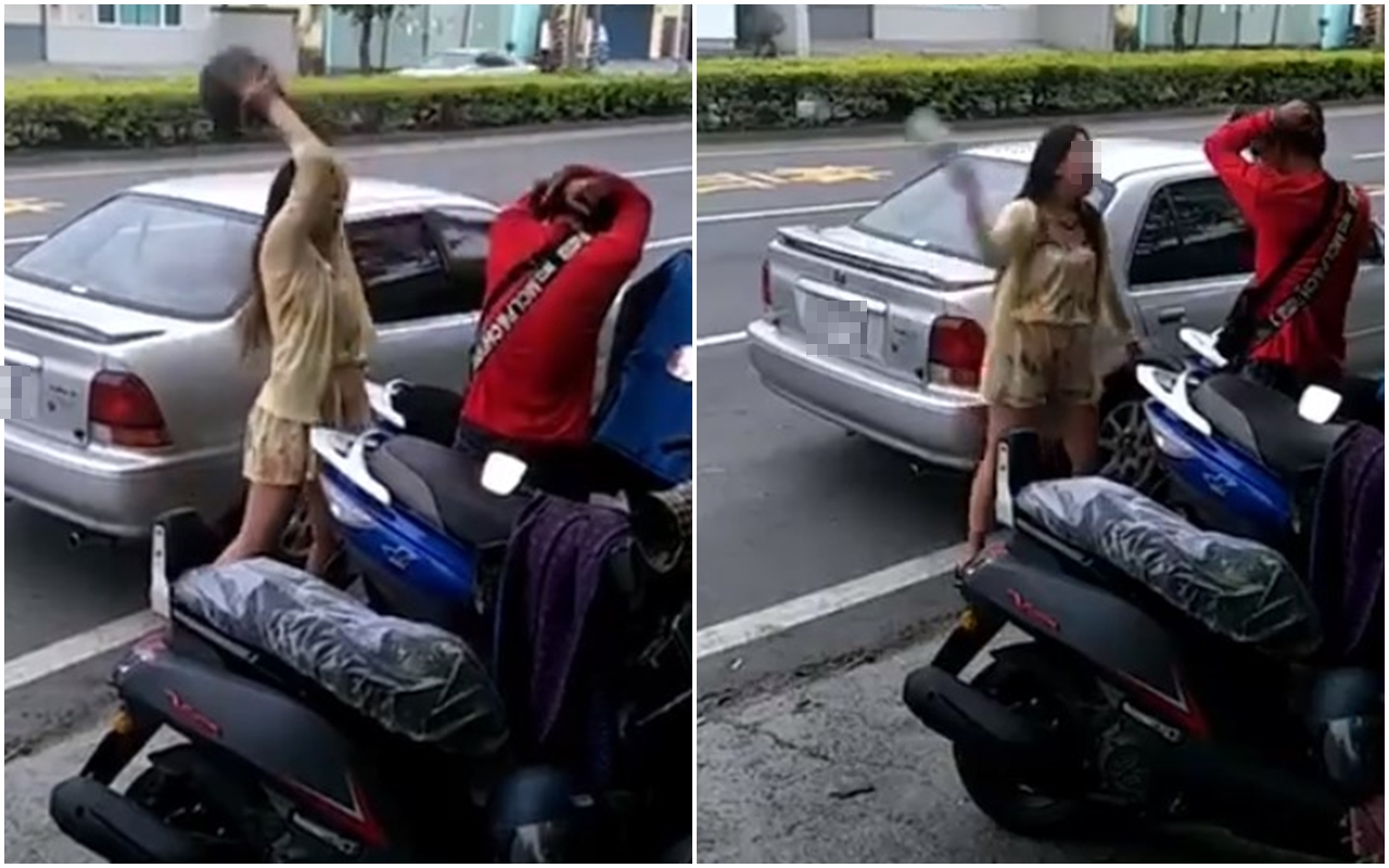 潑辣女當街失控持酒瓶、安全帽猛砸男友，甚至還連續狠甩男友9個巴掌。（翻攝自爆料公社）