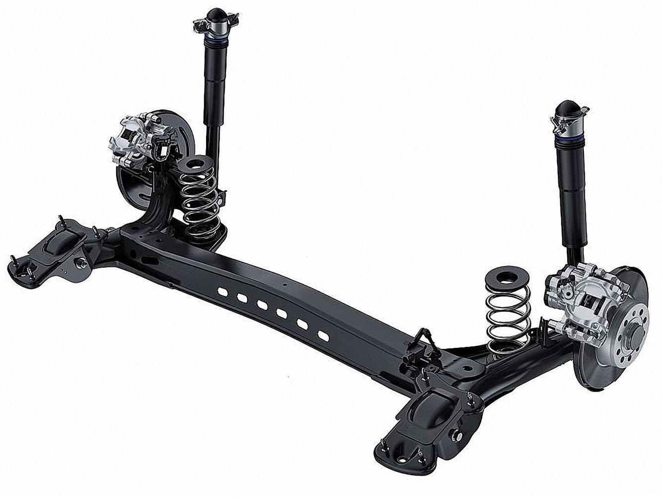 最常見的非獨立式後懸吊型式是Torsion Beam(一般稱為扭力樑)，這是一根ㄇ字形結構，當左輪移動，右輪也會跟著移動，所以叫做非獨立懸吊。