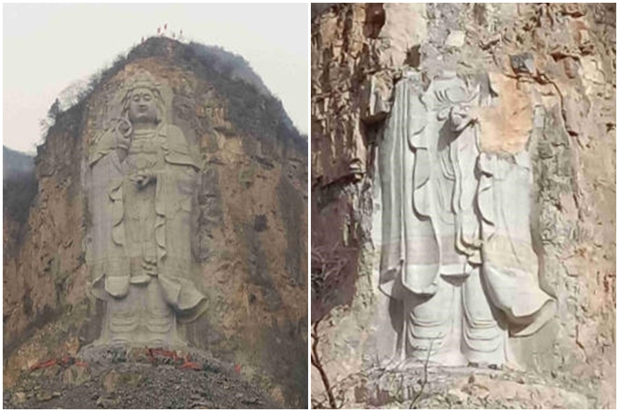 滴水觀音像高達57.9公尺，是全球最高的摩崖石刻立式觀音，於春節前遭炸毀。（翻攝自《寒冬》）