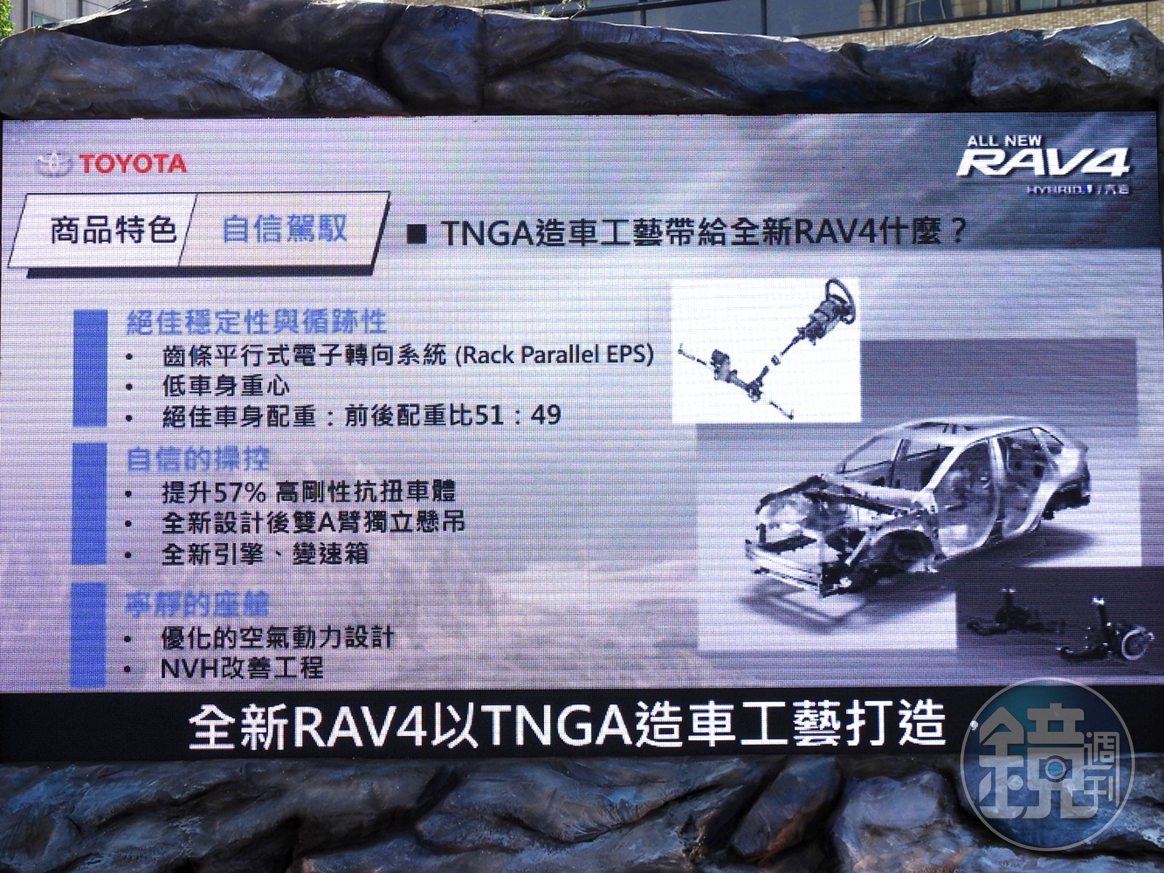 All New RAV4以TNGA新世代造車工藝打造，搭配「高剛性底盤」與「前後獨立懸吊系統」並以「低重心設計」提供給消費者超乎想像的駕馭樂趣。