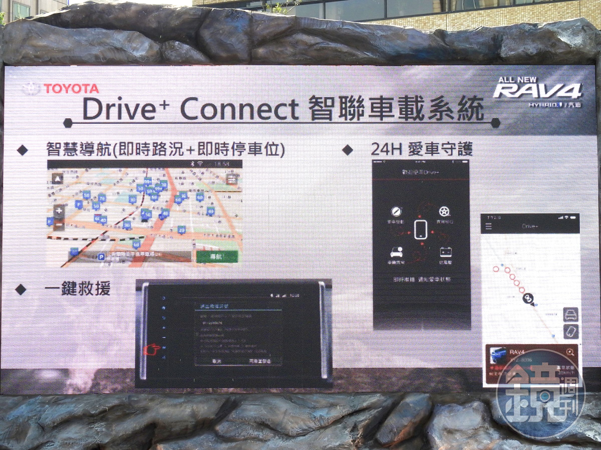 TOYOTA Drive+ Connect智聯車載系統搭配中華電信4G連網功能(4WD車型)，首次由All New RAV4導入，結合三大核心功能「智慧導航」、「一鍵救援」及「24H愛車守護」。