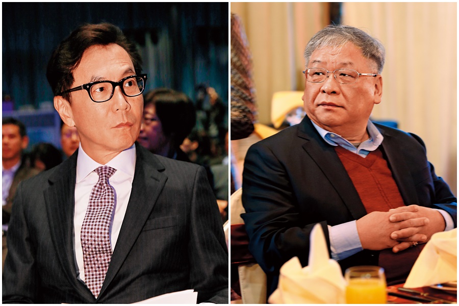 蔡明忠（左）擁有一百六十多萬用戶的凱擘、台固系統台，近來卻遭北都低價搶市，流失不少客戶群。練台生（右）是年代集團董事長，黨政關係良好。