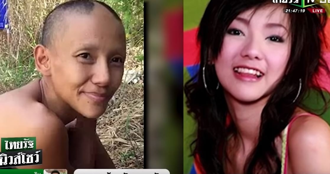 長相甜美的泰國女星Tai原本星路順遂，最後成了剃光頭的乞討者，與先前面貌姣好的樣子相差甚遠。（翻攝自Thairath　Youtube）
