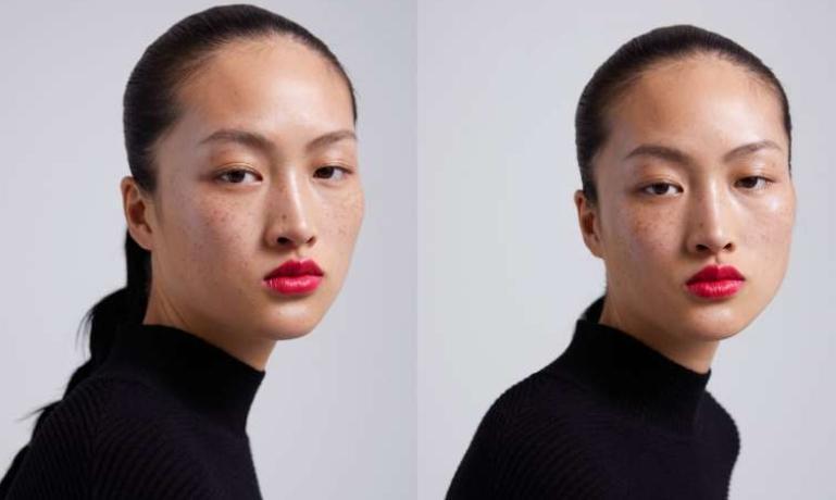 ZARA推出一系列的彩妝廣告照,中國女模李靜雯臉上的雀斑引起部分中國網友的不滿。(翻攝Zara官網)