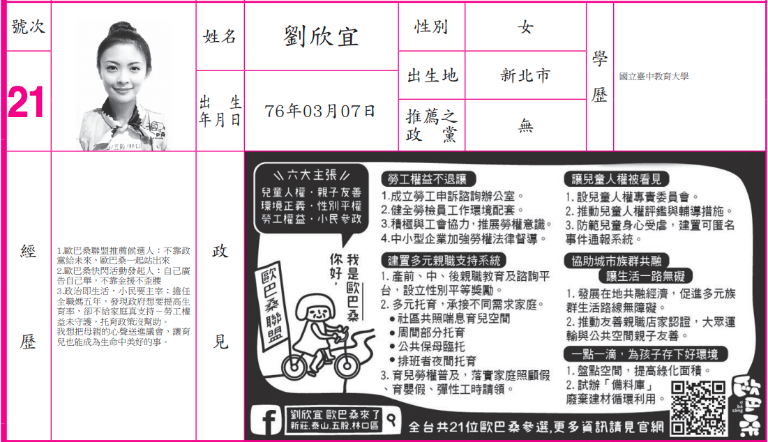 去年九合一選舉,劉欣宜是新北市第二選區議員候選人,公報很引人注意,也是歐巴桑聯盟設計的。