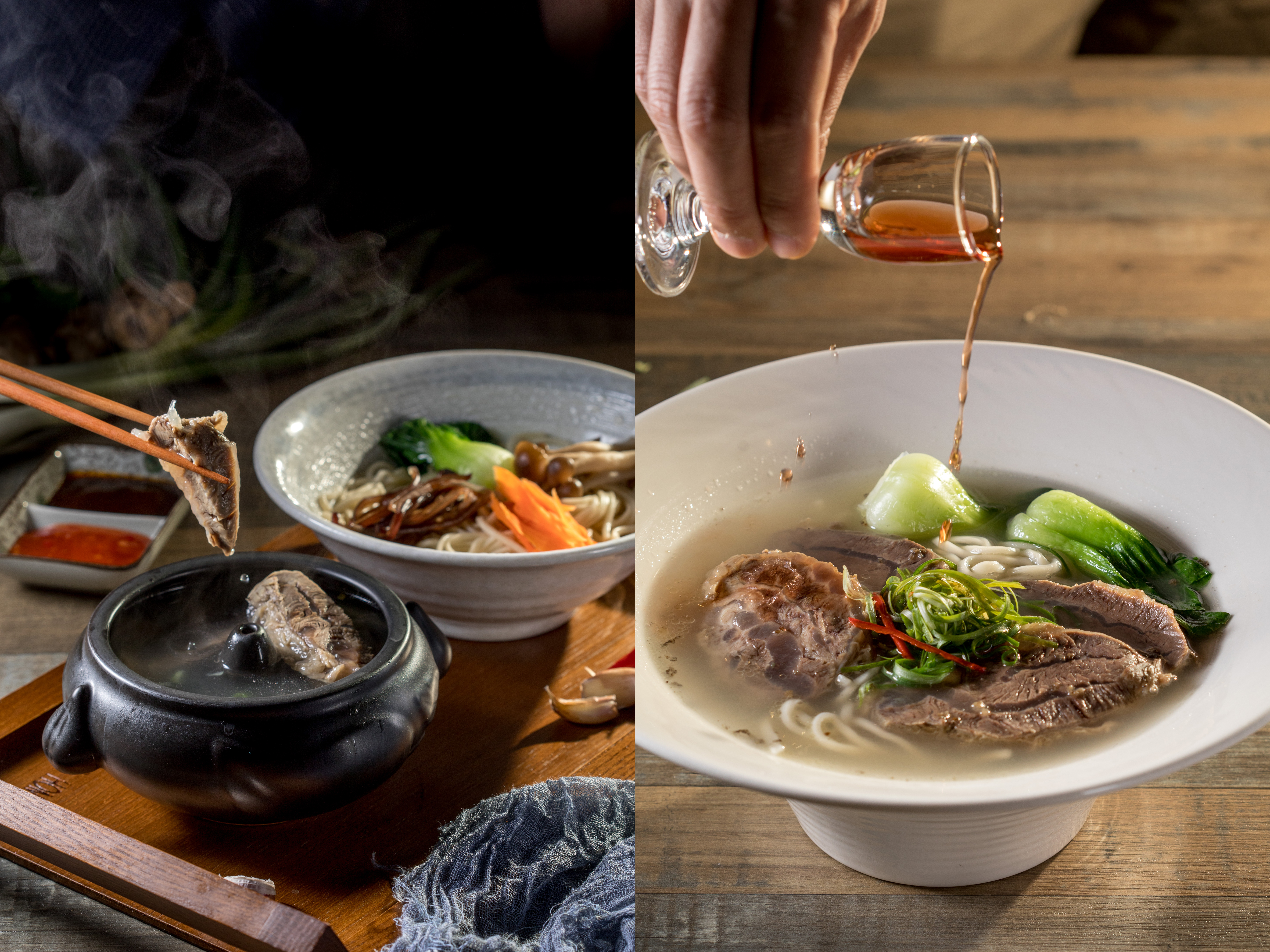 開在台北西門町的「江夏御品」玩出牛肉麵的形式美，或結合雲南汽鍋，或加入花香元素。