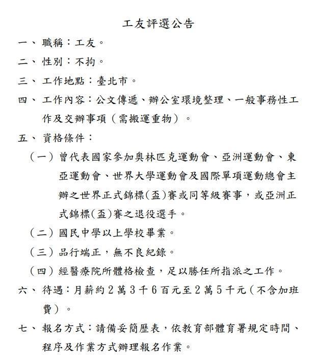 中央銀行開出工友職缺,但資格要求和待遇讓人看傻眼。(中華民國跆拳道協會)