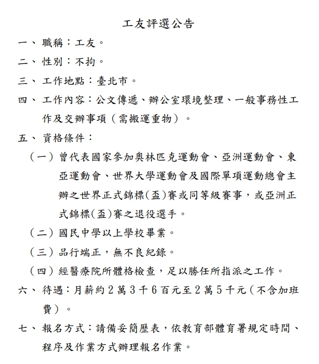 中央銀行開出工友職缺，但資格要求和待遇讓人看傻眼。（中華民國跆拳道協會）