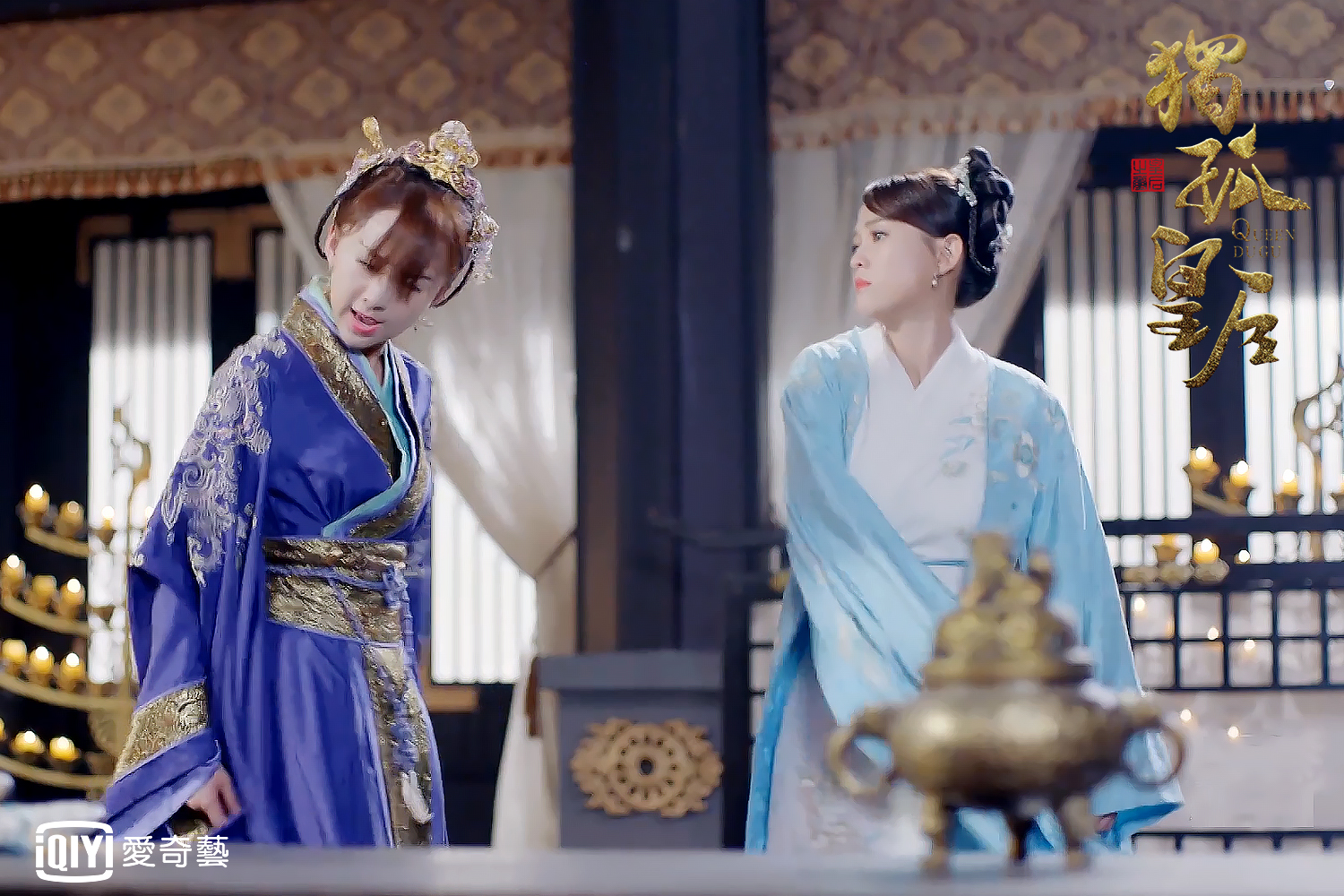 陳喬恩飾演的獨孤伽羅和女兒反目，氣得賞她巴掌，關係難以挽回。（愛奇藝台灣站）