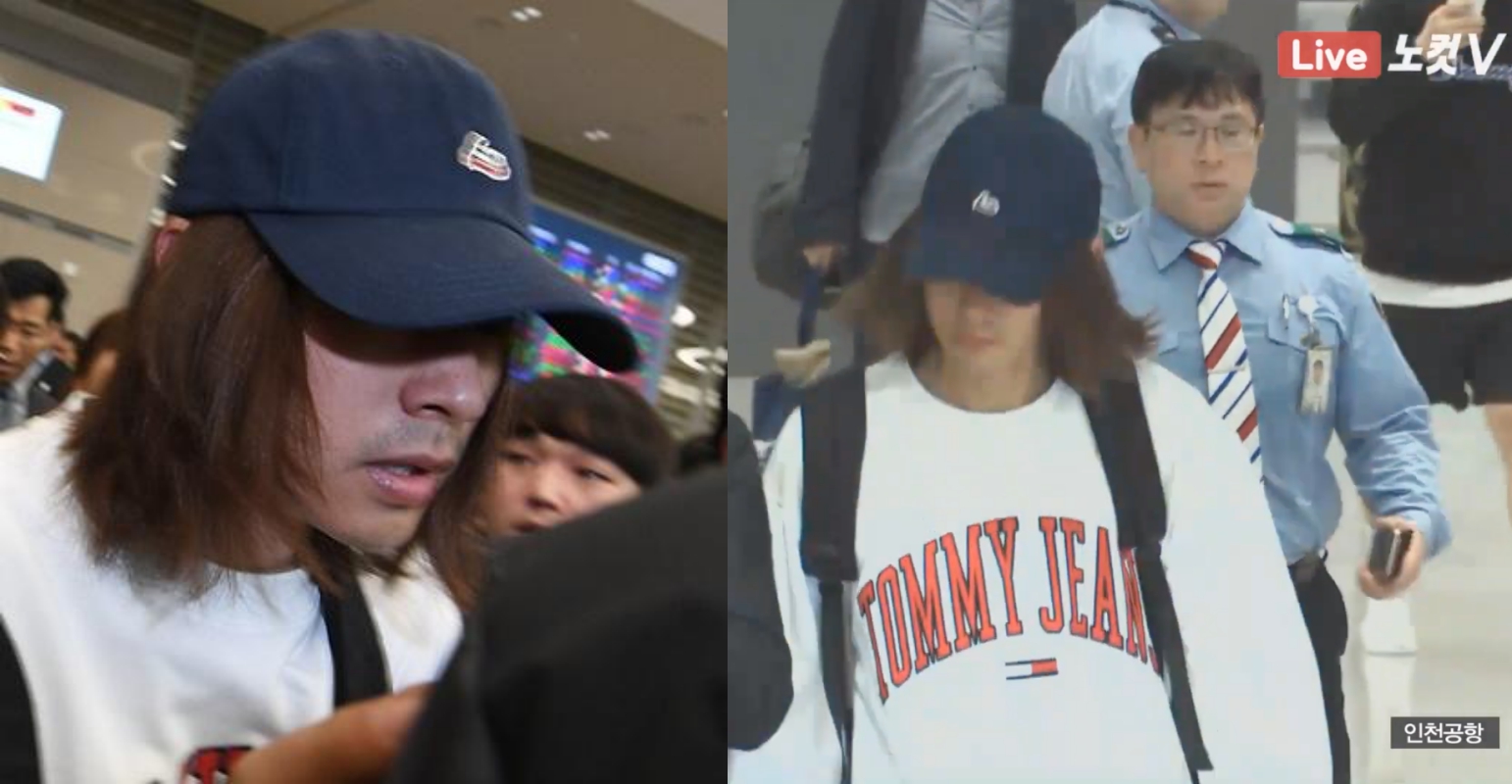 鄭俊英從美國返回韓國，在機場被攝影包圍，非常狼狽。（合成網路圖片）