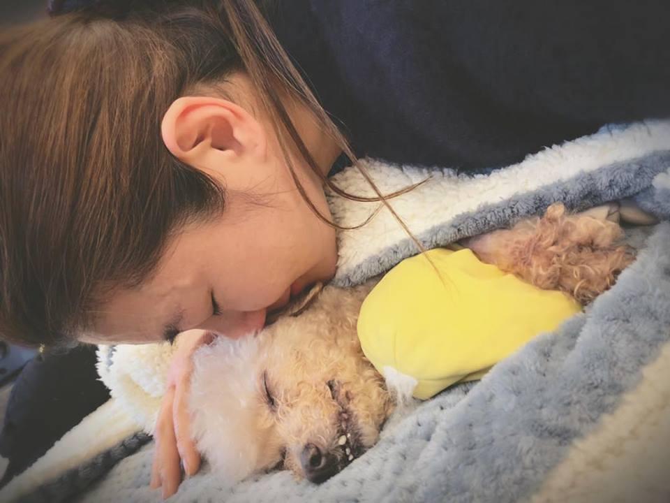 Selina的愛犬Pinky今早（13日）以15歲高齡離世，Selina在臉書PO出抱著愛犬的照片。（翻攝自Selina臉書）