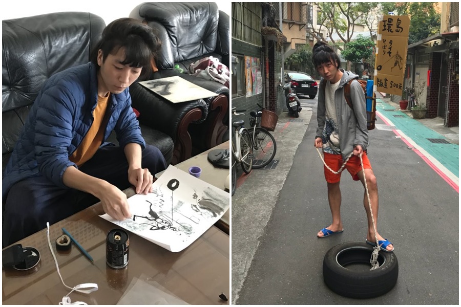 日本版畫家野口龍平自今年2月初抵台，發下豪語要拖著輪胎徒步，展開0元環島。（翻攝自のぐ / タイヤひっぱり推特）