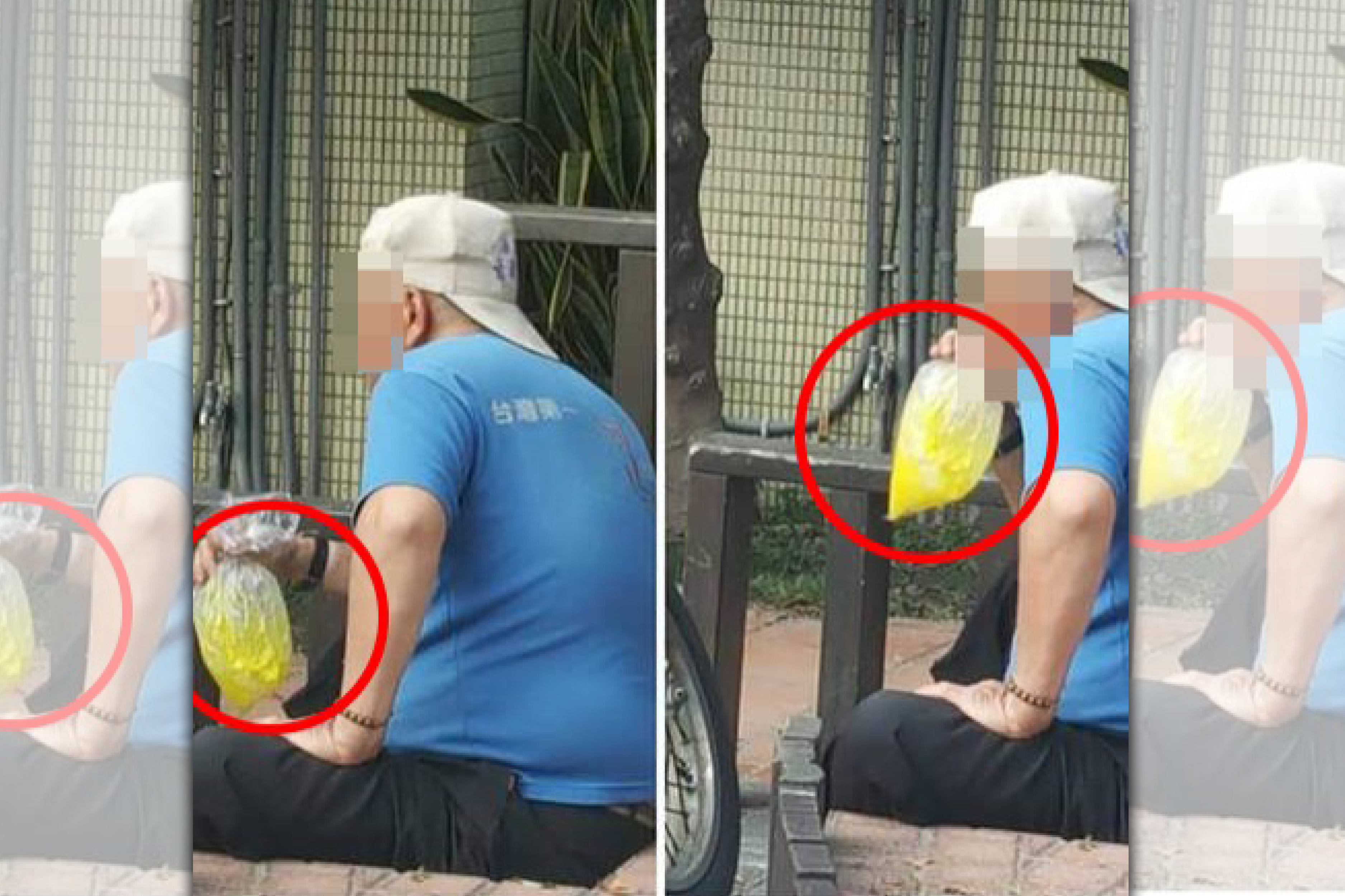 一名母親發現男子在圖書館前吸食強力膠，袋子裡的內容物不對勁。（翻攝臉書）