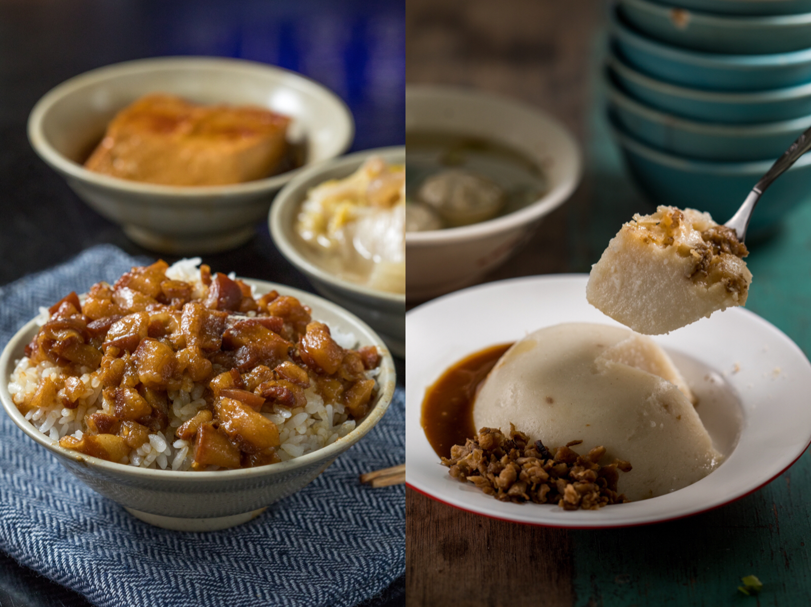 今大魯肉飯（左）和傳香碗粿（右）是老三重人喜愛的美味。