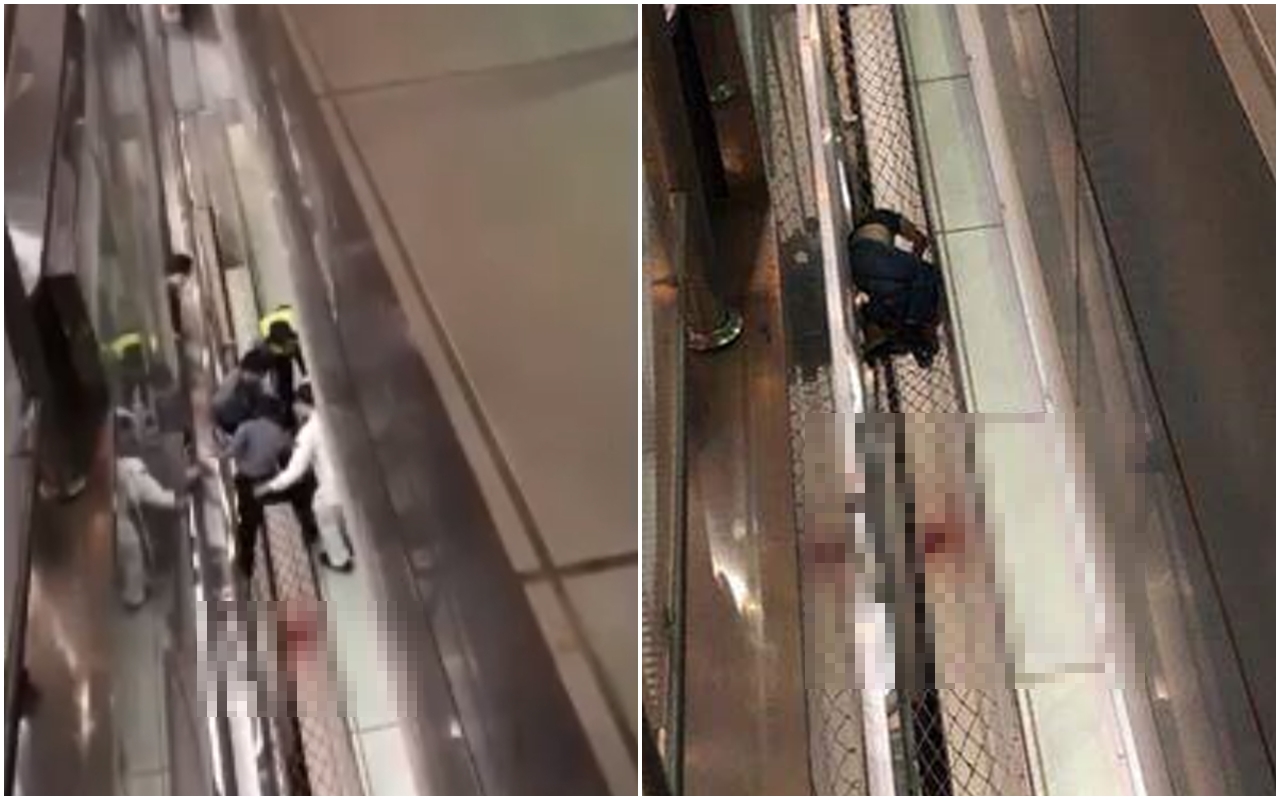 女子疑似遭丈夫「公主抱」向下丟後，丈夫隨後也跳下墜落同處，2人趴臥堆疊，所幸送醫均暫無生命危險。（翻攝自爆料公社）