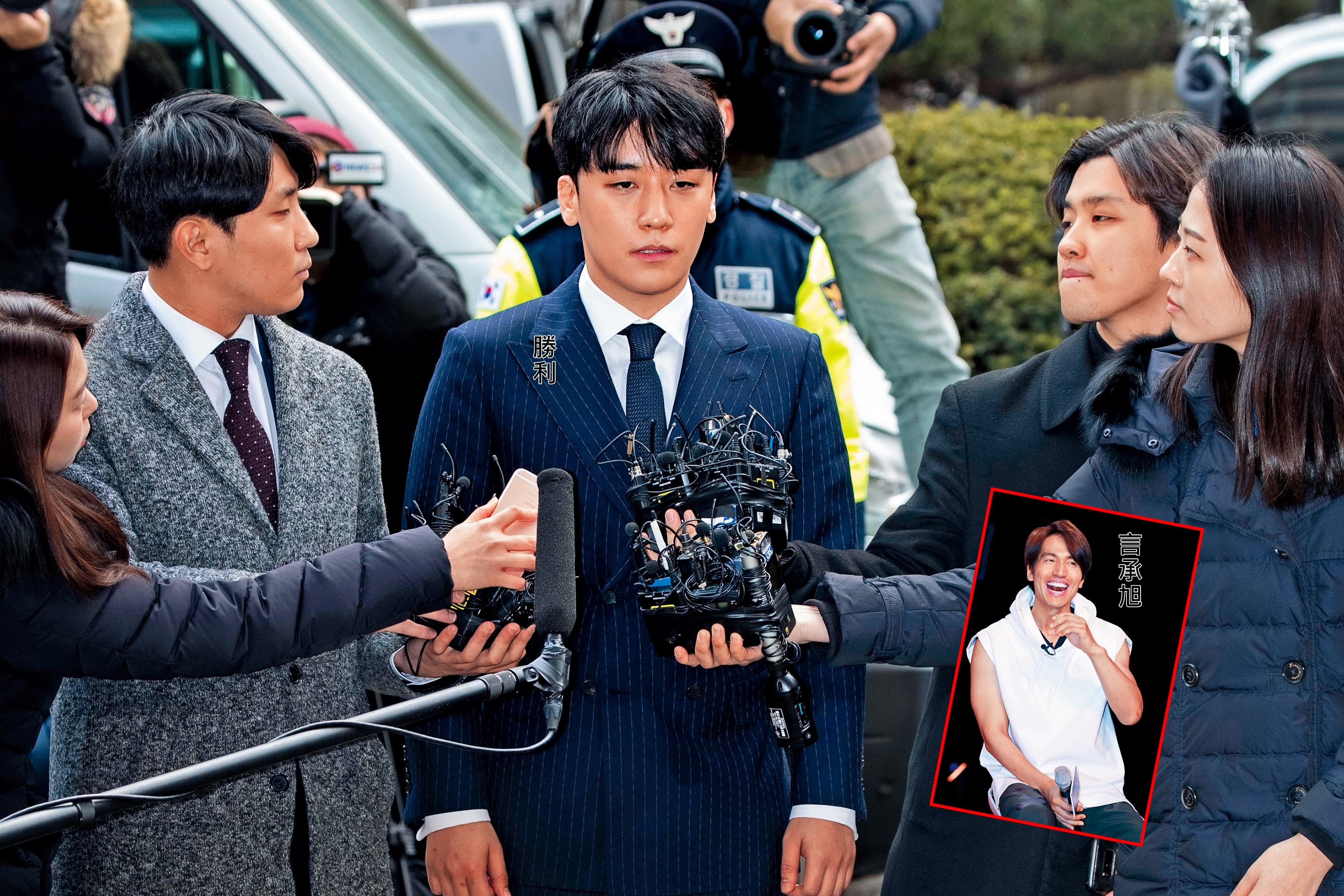 個性低調的言承旭（小圖）被讀者目擊參與勝利（大圖中）的私人派對，讓眾人嚇了一跳。（東方IC）