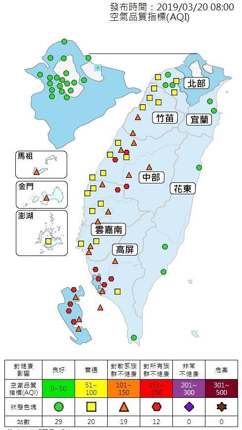 竹苗以南，沿海地區空氣品質為普通，但靠近內陸地區則為橘色等級或紅色警戒等級。（環保署）