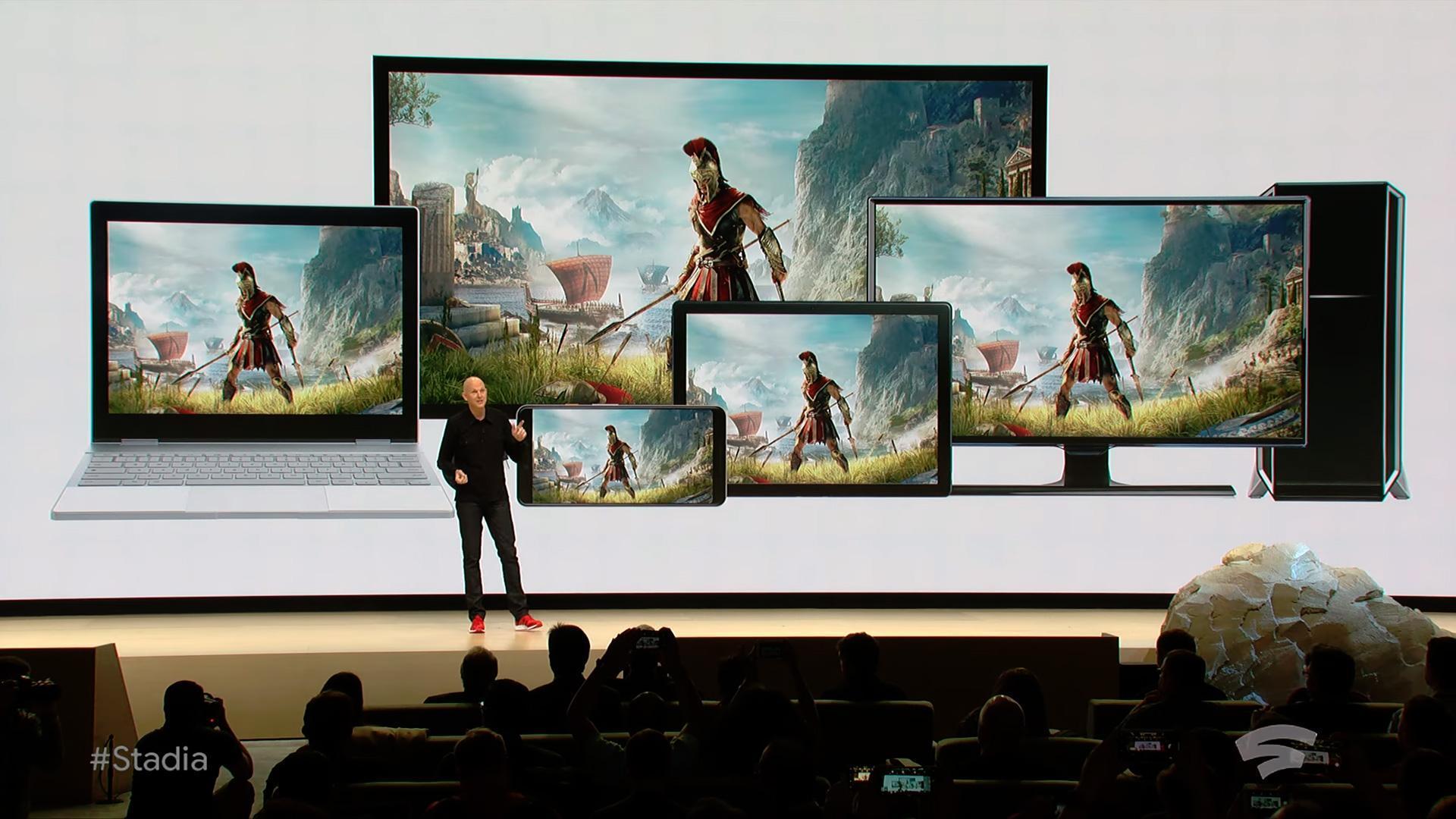 Google在GDC上正式發表雲端遊戲服務「Stadia」，強調無須強大硬體的跨平台遊戲體驗。（翻攝自Google Youtube頻道）
