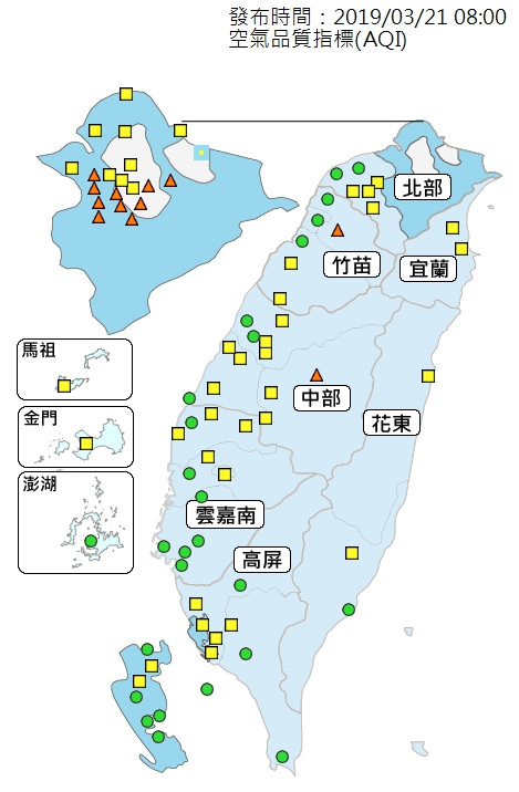 因西南風增強，位於迎風面的高屏、雲嘉南空氣品質好轉。（環保署）