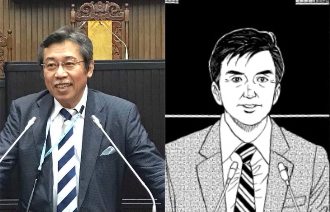 弘兼憲史(圖)到立法院議場內參觀的場景,也在漫畫中重現。(趙天麟辦公室提供)