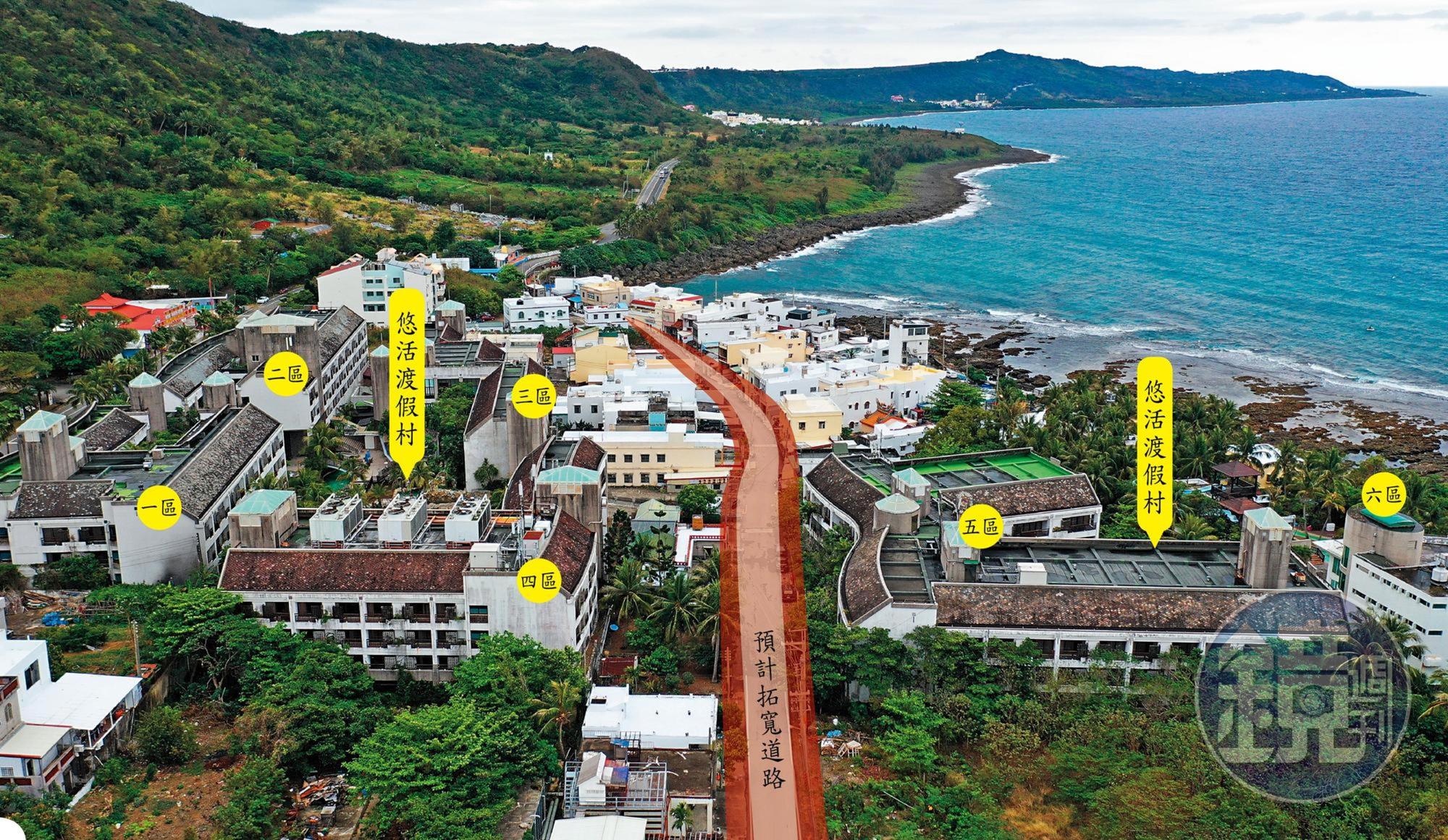 去年行政院核定拓寬萬里桐部落道路，被解讀為替悠活渡假村合法解套，沿線百戶民宅面臨被拆除的命運。圖中淺色色塊為現有道路，深色部分為預定拓寬道路範圍示意圖。