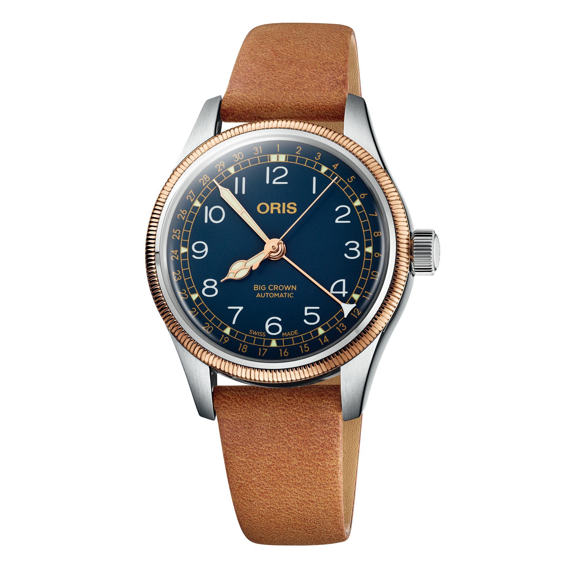 Big Crown Pointer Date半銅版本搭配深藍面，36mm，定價NT$48,000。