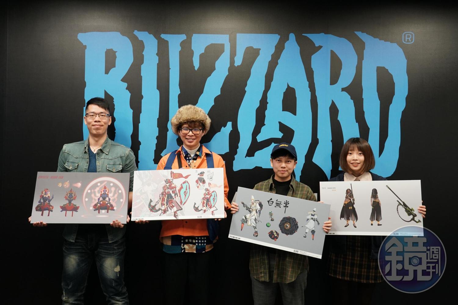 台灣暴雪邀請《鬥陣特攻》造型創作擂台賽的其中四位得獎者，接受媒體採訪。由左到右分別為吳侑哲、馬璿凱、吳妍儀、廖箬婕。