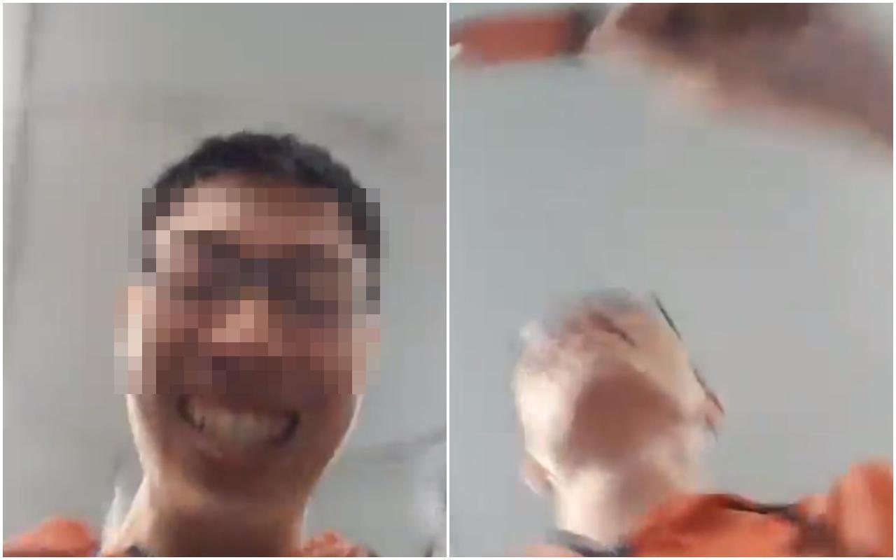 高男搭乘火車即將進入松山站時,在臉書上直播拔刀恐嚇過程,他更在車廂大喊「我要當下一個鄭捷!」(翻攝自高男臉書)
