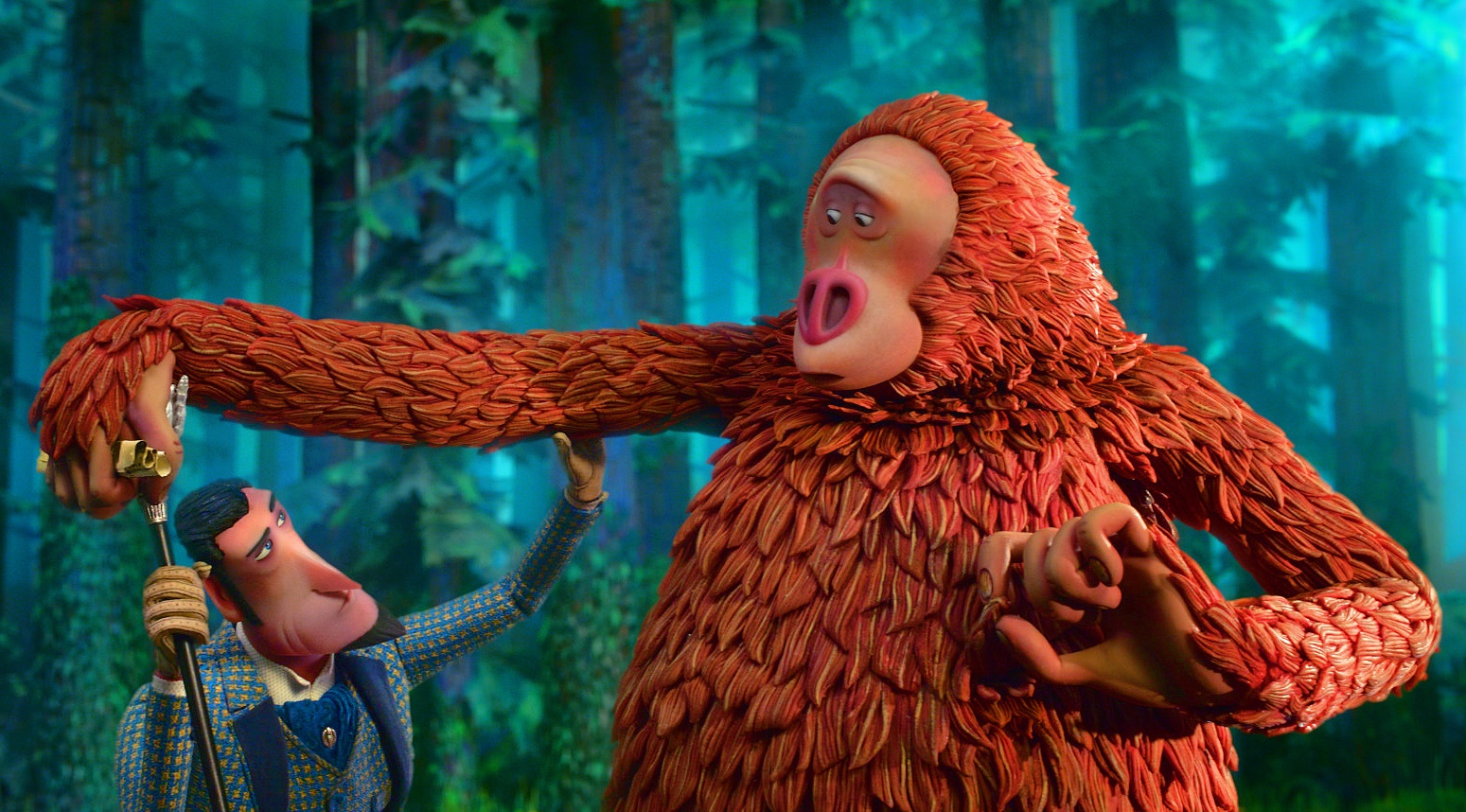 大腳怪「林克先生」（右）不想繼續在樹林中過著孤單的生活，要求冒險家萊諾（左）帶他前進香格里拉，尋找遠親「大雪怪」。（甲上娛樂提供）