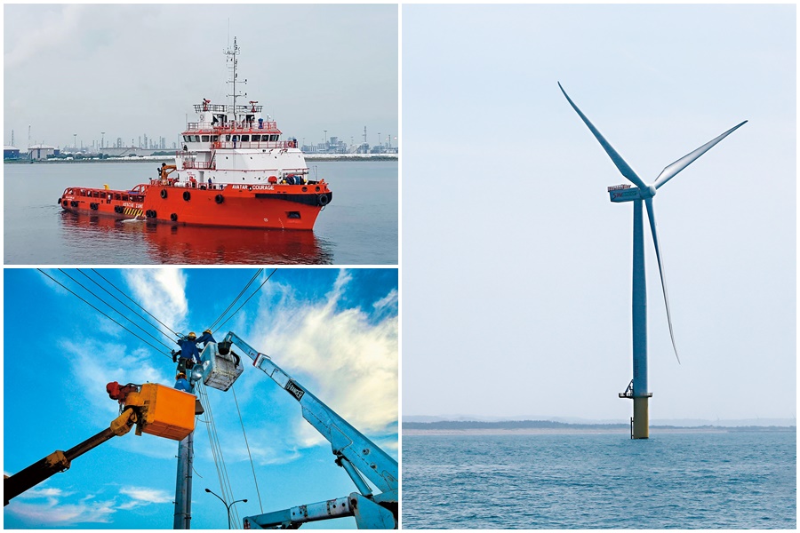 苗栗離岸風電示範風場為經濟部綠能政策帶來「國產化」的信心。（右圖東方IC、左上圖高雄海事公會提供、左下圖台電提供）