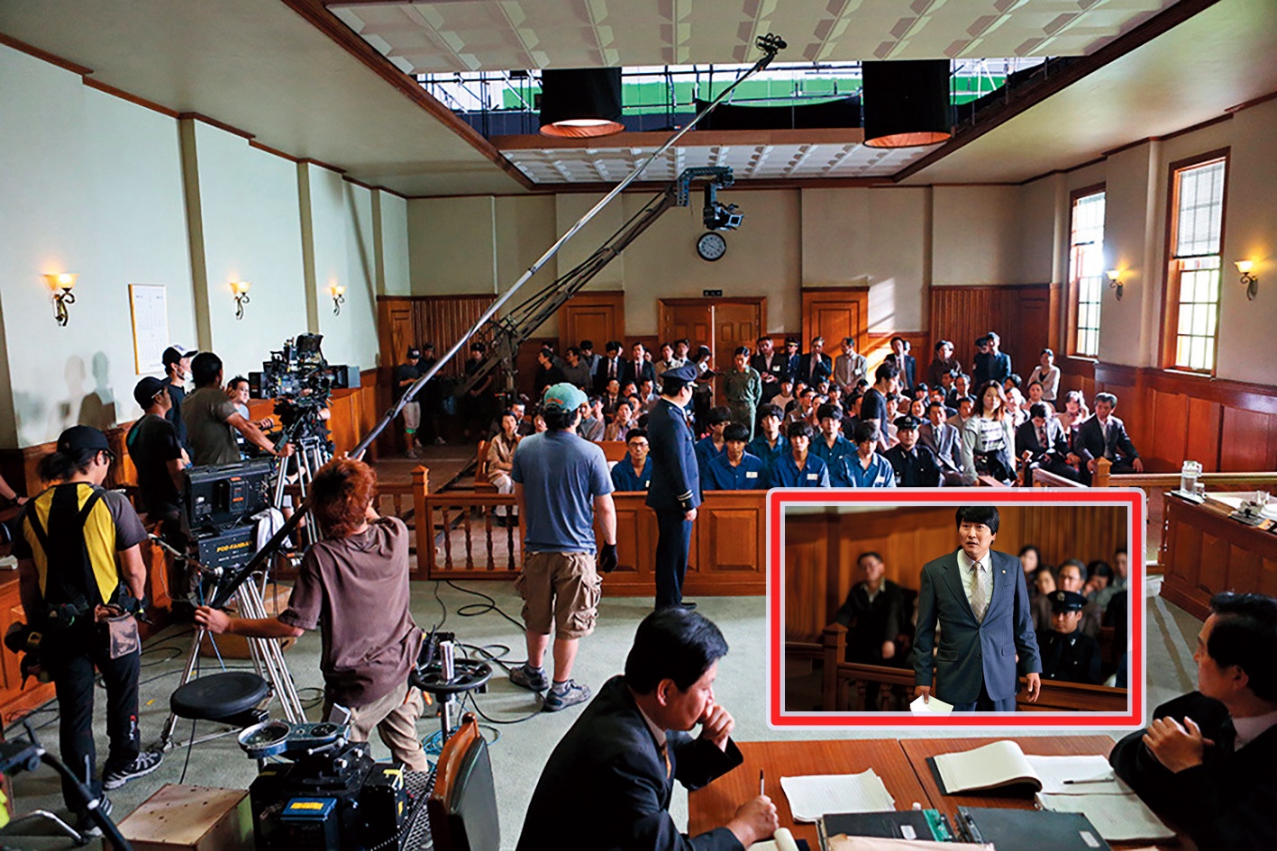 梁宇皙真實還原《正義辯護人》中的法庭戲，並就大量法律用語與男主角宋康昊（小圖）再三修改確認。（NEW提供）