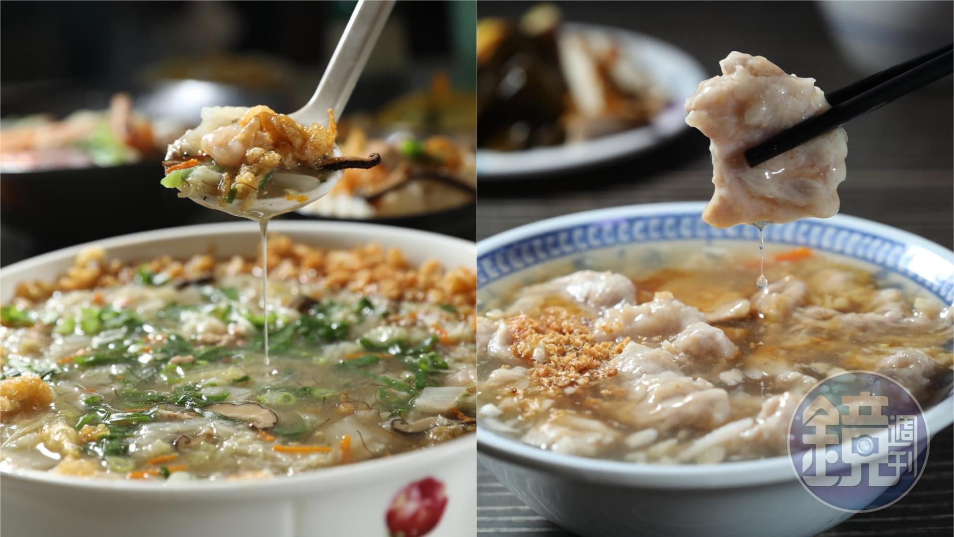 作家史法蘭羹湯類推薦「四海居小吃部」的「西魯肉」（左，220元／份），和「羅東北門蒜味肉羹」的「肉羹」（右，55元／碗）