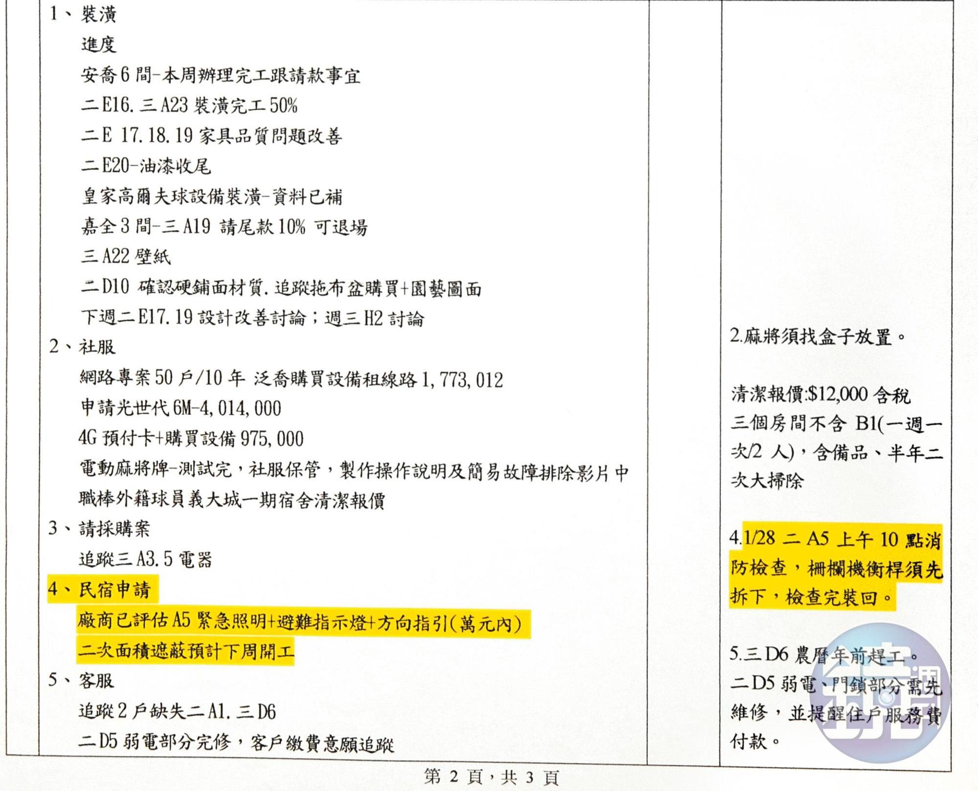 住戶查出泛喬建設自行取得證照經營民宿，還在物業管理會議記錄中交代經營民宿的相關內容。（讀者提供）