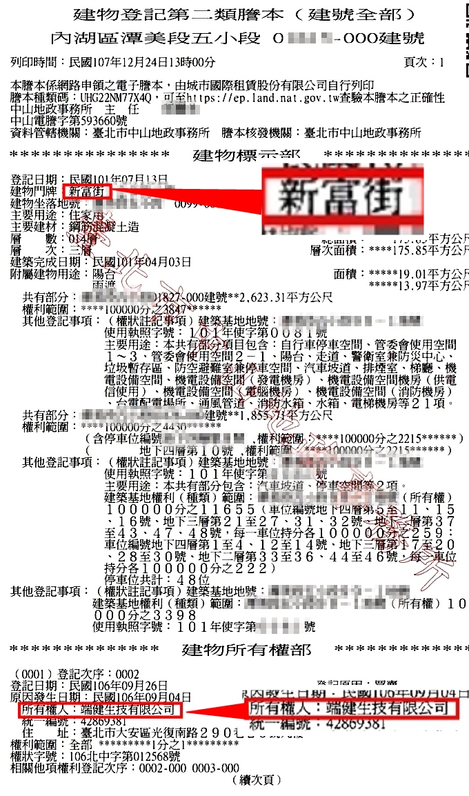 本刊取得建物謄本顯示,貴婦奈奈透過她擔任董事長的端健生技公司名義,持有內湖豪宅,檢調正在過濾買屋資金是否與吸金詐騙案有關。(讀者提供)