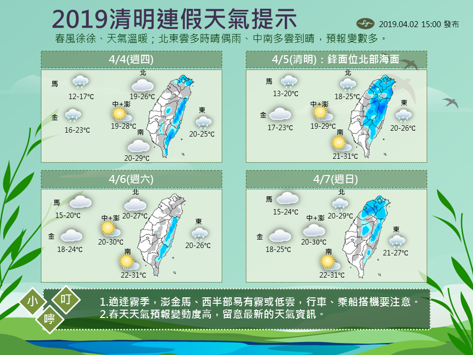 清明4天連假天氣預報。（翻攝自報天氣 - 中央氣象局臉書）