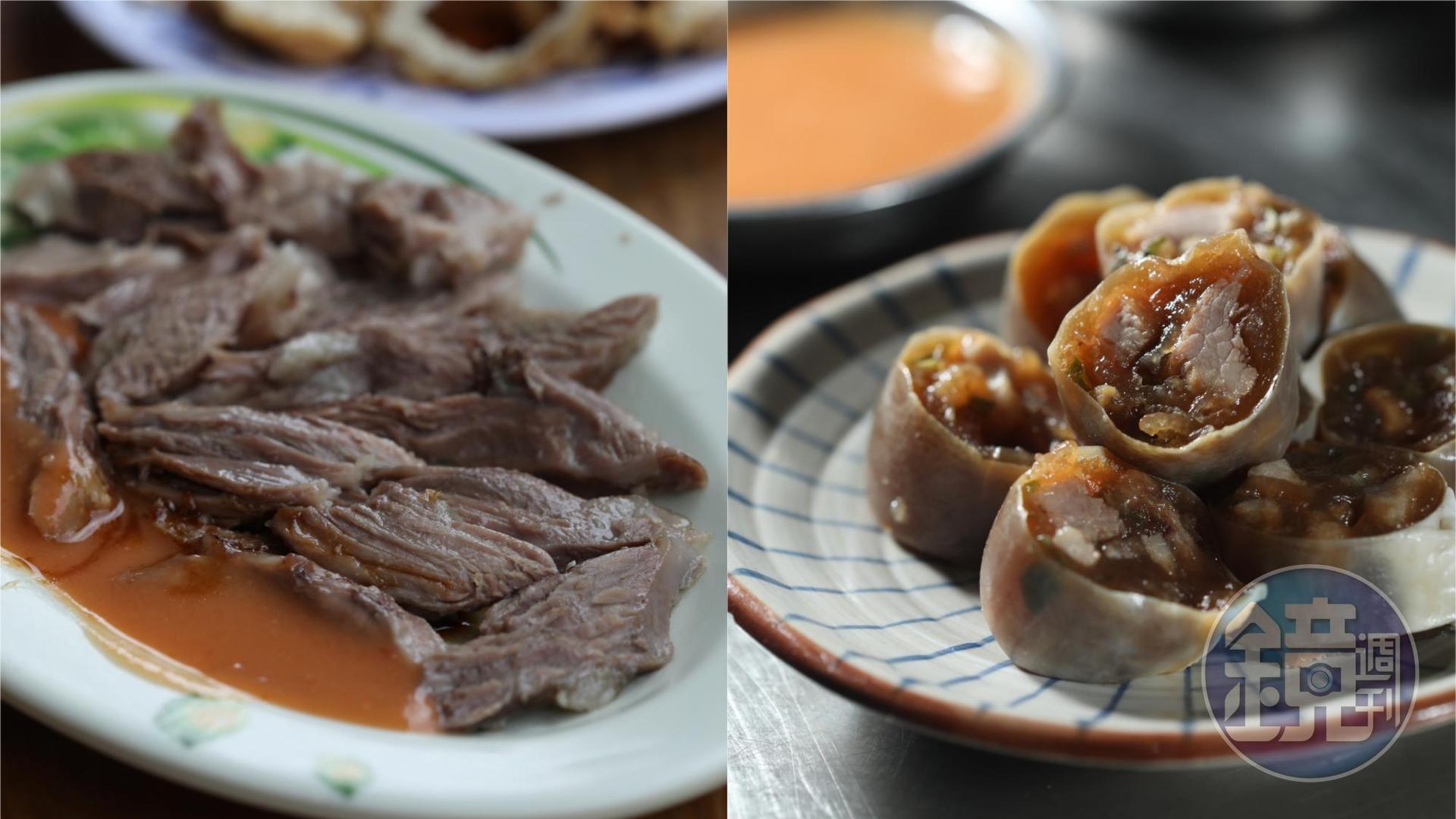宜蘭高人氣老店「火生餛飩麵店」的超嫩「豬頭肉」（左，50元／份），與「正雄小吃部」的Q滑粉腸（右，30元／份）都是佛心銅板價。