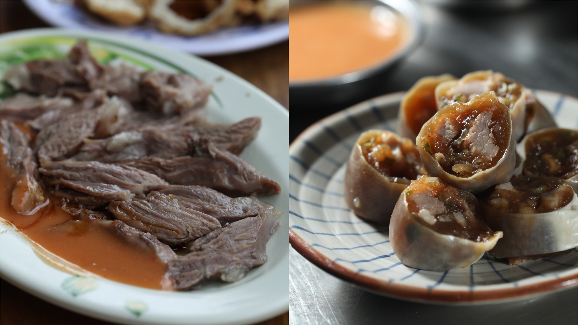 宜蘭高人氣老店「火生餛飩麵店」的超嫩「豬頭肉」（左，50元／份），與「正雄小吃部」的Q滑粉腸（右，30元／份）都是佛心銅板價。
