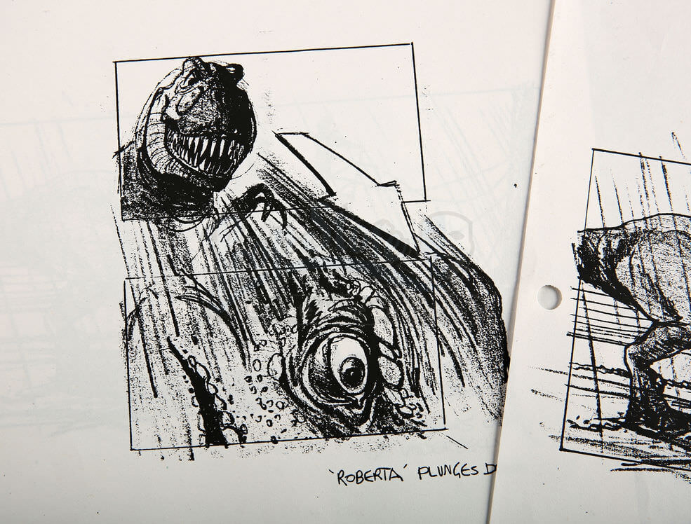 從這張分鏡畫稿的右下角可看到ROBERTA的英文字樣,為《侏羅紀公園》裡的暴龍名字提供了官方認證。(翻攝自news.agentm.tw)