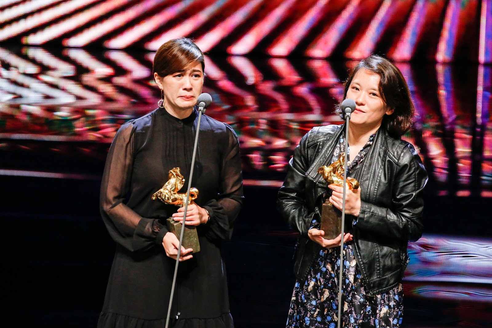 《我們的青春，在台灣》導演傅榆（左）與製片洪廷儀一起上台領金馬獎。