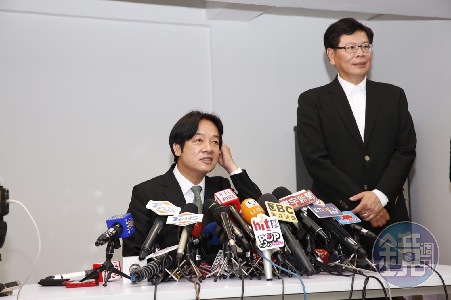 賴清德這場臨時記者會僅由團隊發言人林聖哲主持，並無其他黨內公職現身。