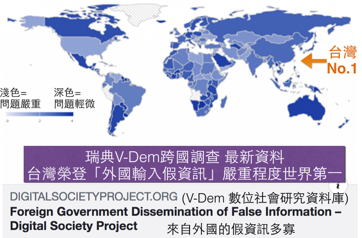瑞典哥登堡大學所主持的V-Dem計畫,日前公布最新調查資料,在「遭受外國假資訊攻擊」全球地圖中,圖中顏色越淺受害越深。(圖片翻攝菜市場政治學FB)