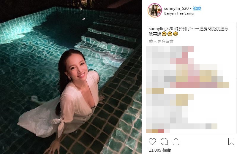 林采緹一到飯店就跳進泳池裡，拍下了出水芙蓉的性感照片。（翻攝林采緹IG）