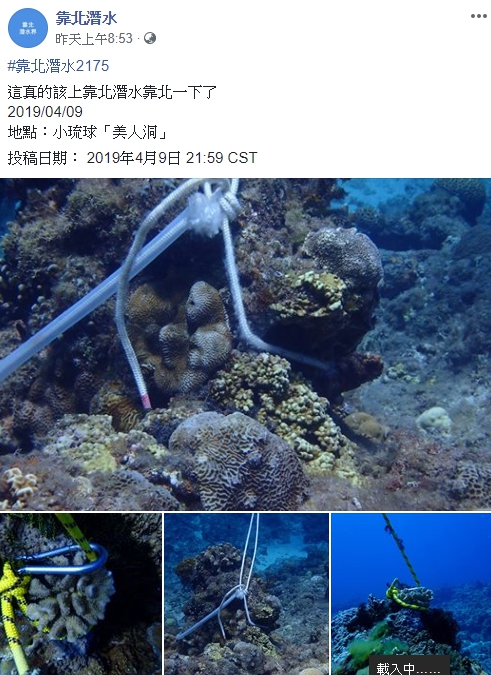 小琉球美人洞活體珊瑚遭以繩索和D字環綁成一團打樁，引來潛水迷撻伐。（靠北潛水臉書）